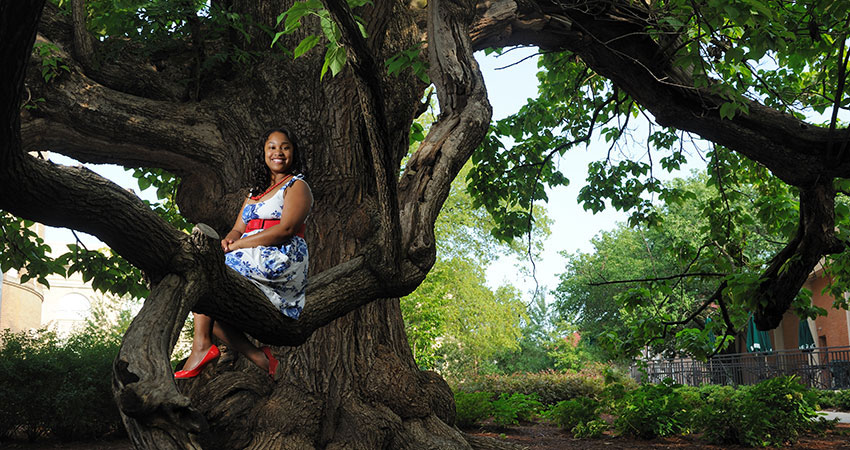 A student posing in a large tree